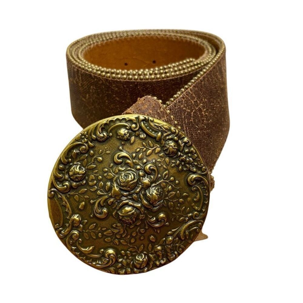 Belt Shak Leather Belt Large L Tooled Flower Buckle Brown Made in Canada #2470